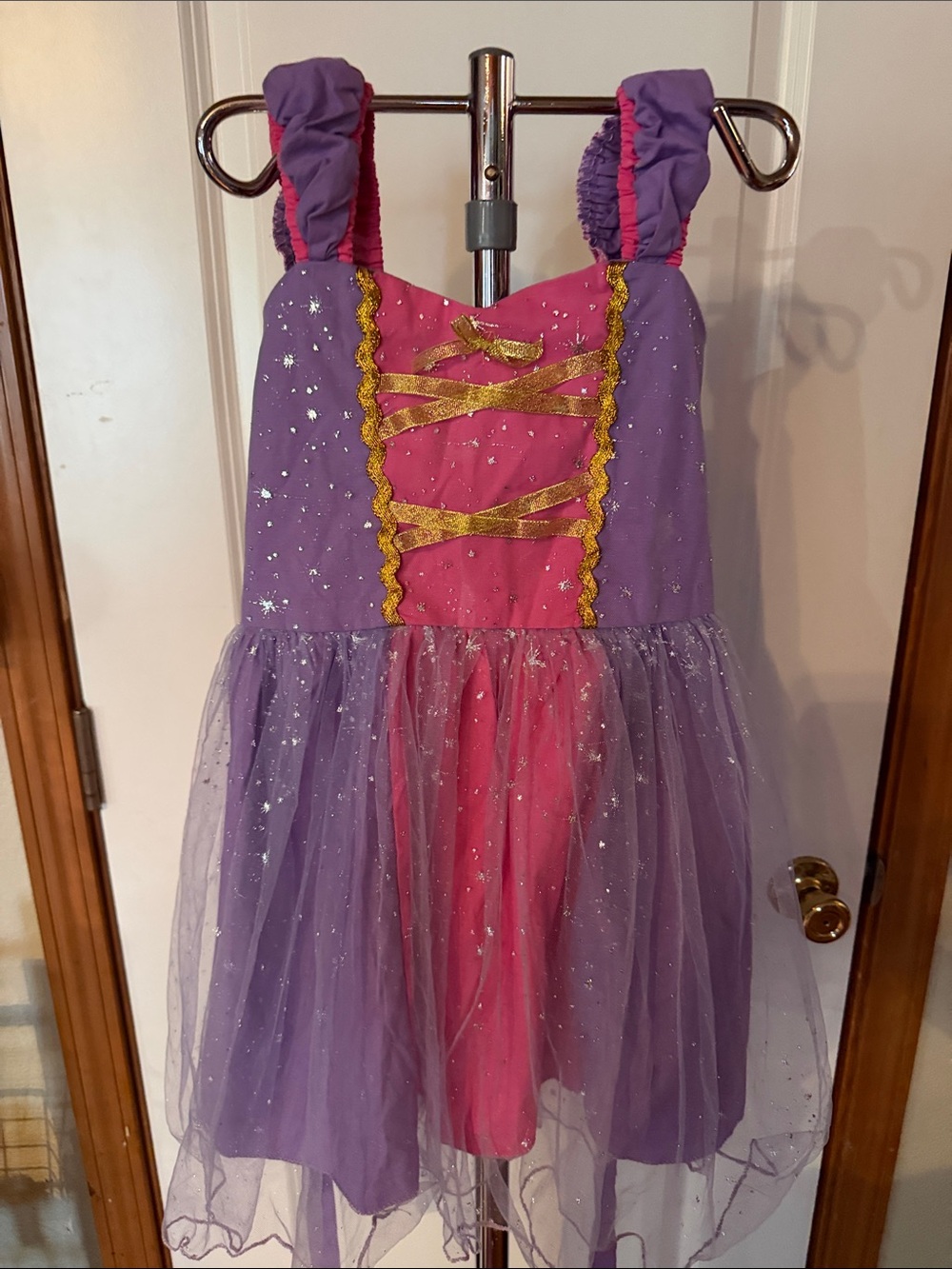 Girls Purple & Pink Glitter Tulle Princess Dress with Gold Trim